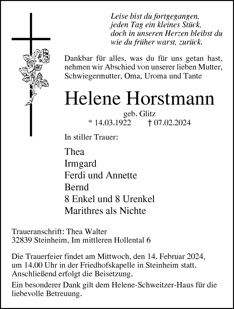  Traueranzeige für Helene Horstmann vom 10.02.2024 aus Westfalen Blatt