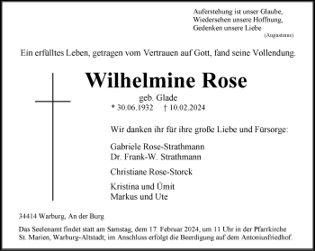 Traueranzeige von Wilhelmine Rose von Westfalen Blatt