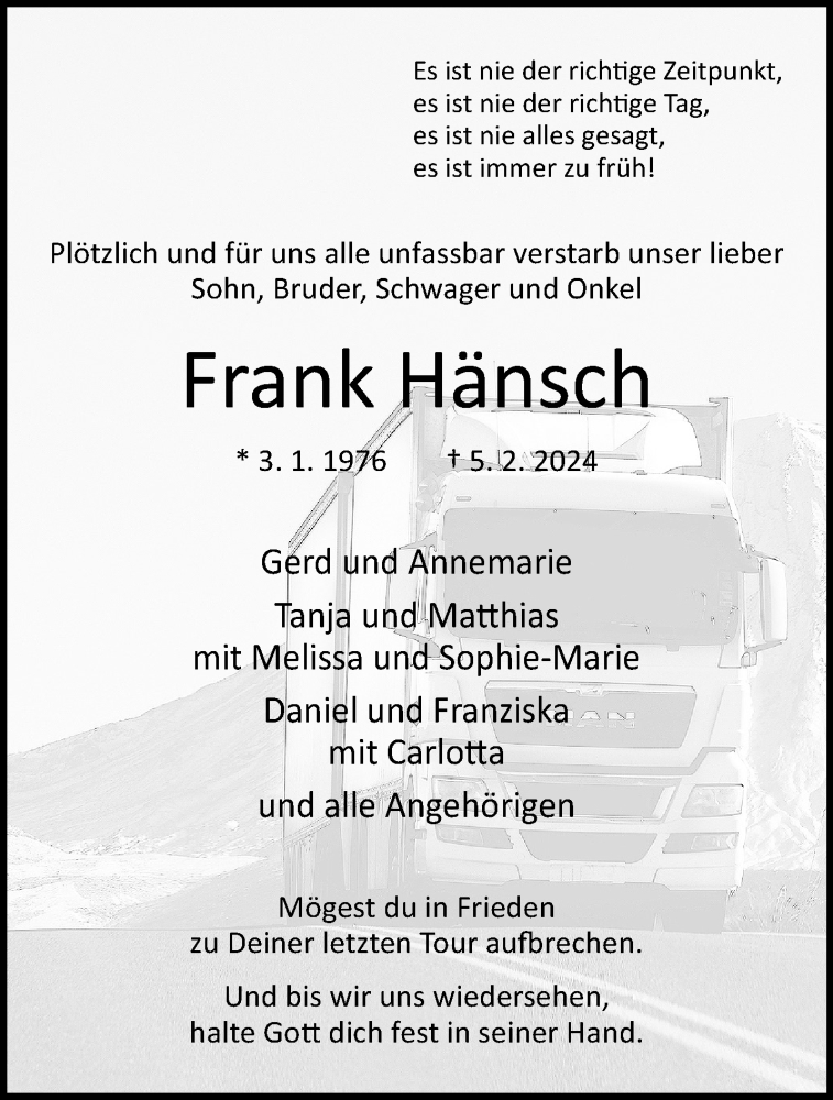  Traueranzeige für Frank Hänsch vom 14.02.2024 aus Westfalen Blatt