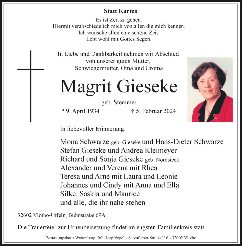  Traueranzeige für Magrit Gieseke vom 12.02.2024 aus Westfalen Blatt