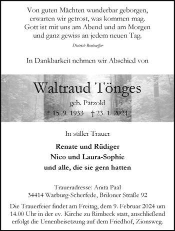 Traueranzeige von Waltraud Tönges von Westfalen Blatt