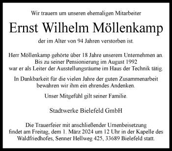 Traueranzeige von Ernst Wilhelm Möllenkamp von Westfalen Blatt