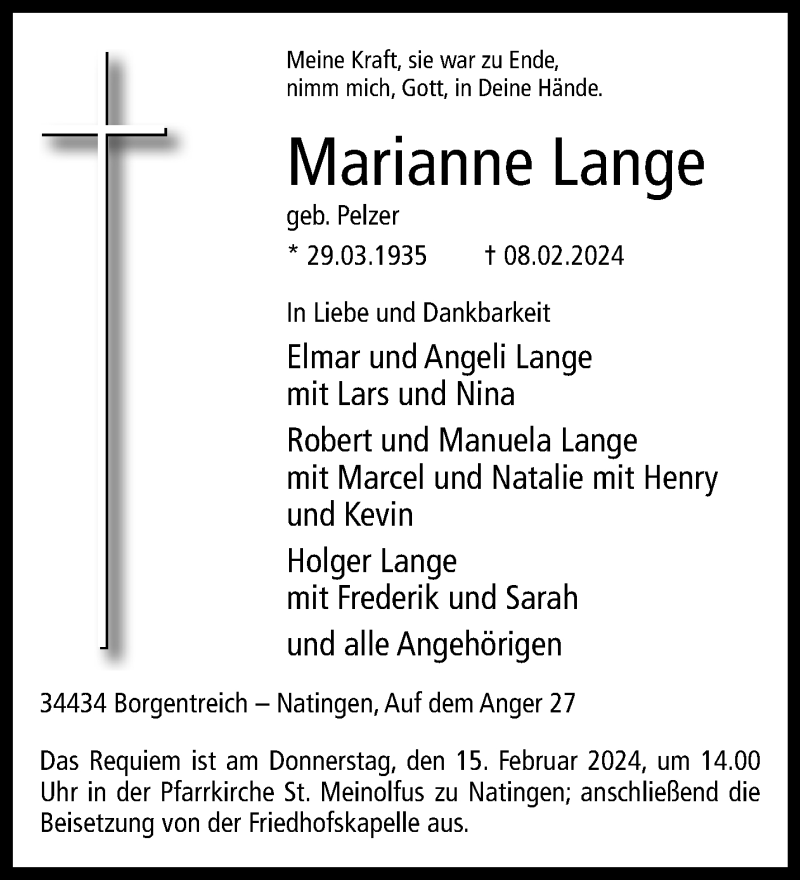  Traueranzeige für Marianne Lange vom 10.02.2024 aus Westfalen Blatt