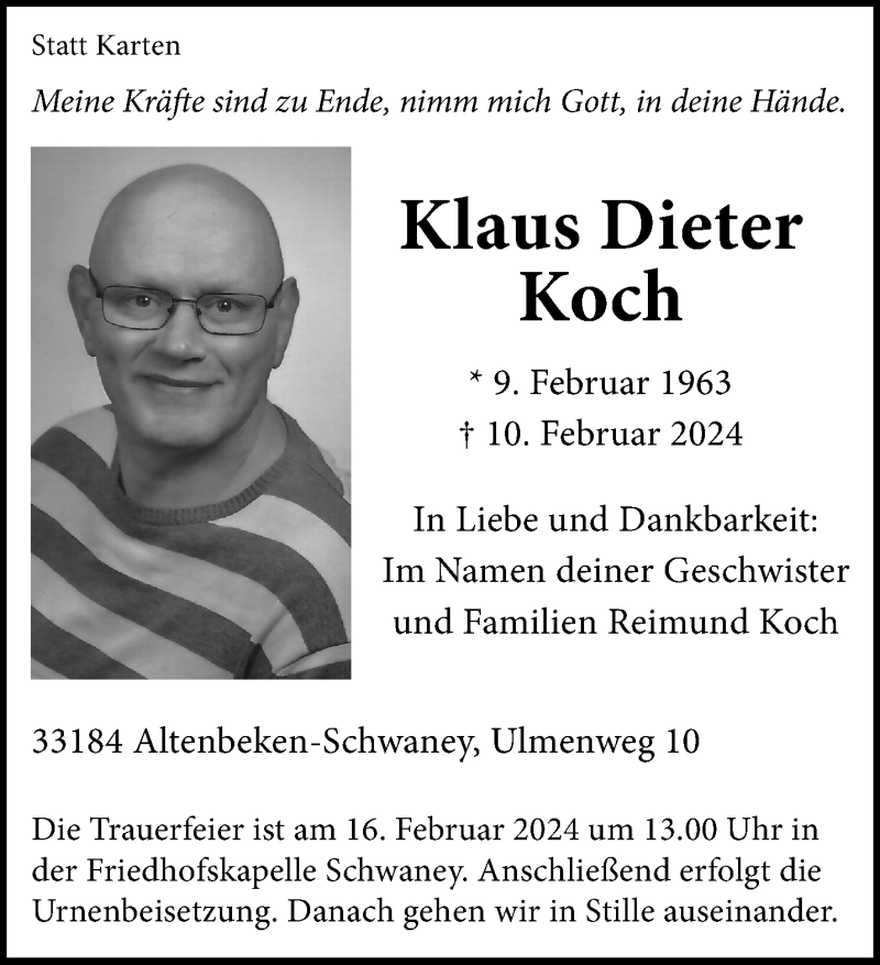  Traueranzeige für Klaus Dieter Koch vom 14.02.2024 aus Westfalen Blatt