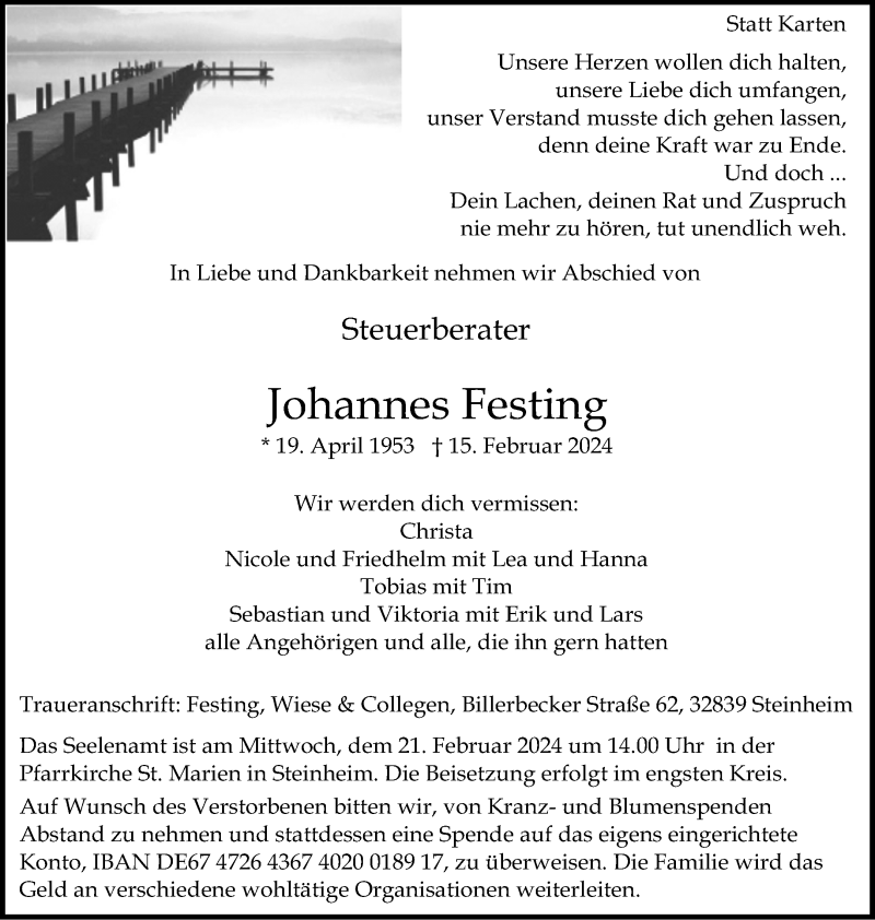  Traueranzeige für Johannes Festing vom 17.02.2024 aus Westfalen Blatt