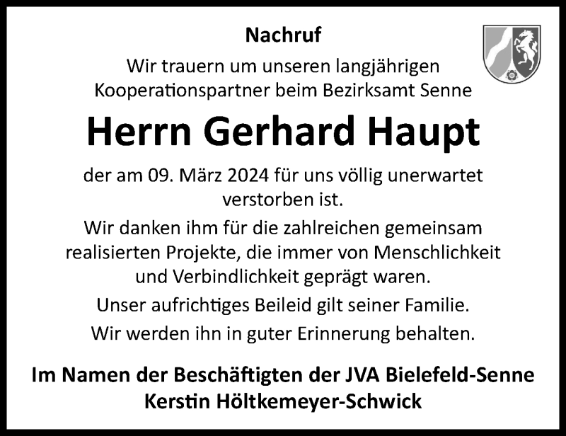  Traueranzeige für Gerhard Haupt vom 16.03.2024 aus Westfalen Blatt