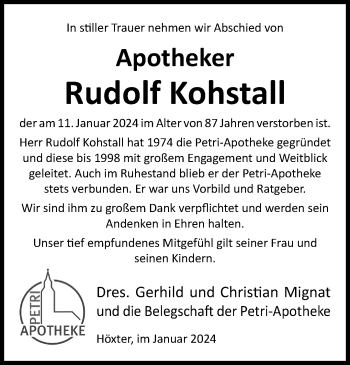 Traueranzeige von Rudolf Kohstall von Westfalen Blatt