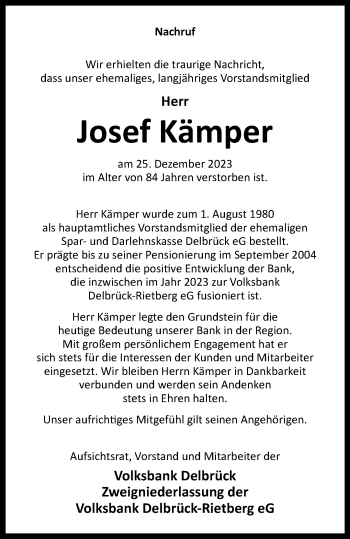 Traueranzeige von Josef Kämper