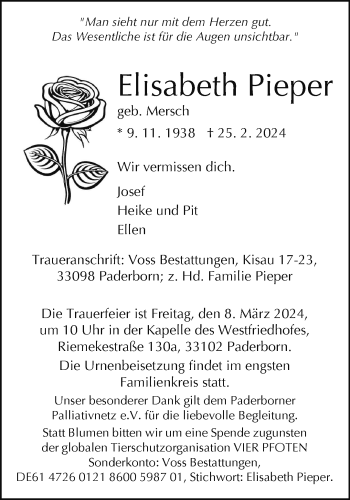 Traueranzeige von Elisabeth Pieper von Westfalen Blatt