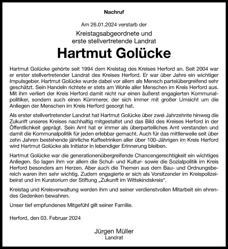  Traueranzeige für Hartmut Golücke vom 03.02.2024 aus Westfalen Blatt