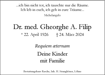 Traueranzeige von Dr. med. Gheorghe A. Filip von Westfalen Blatt