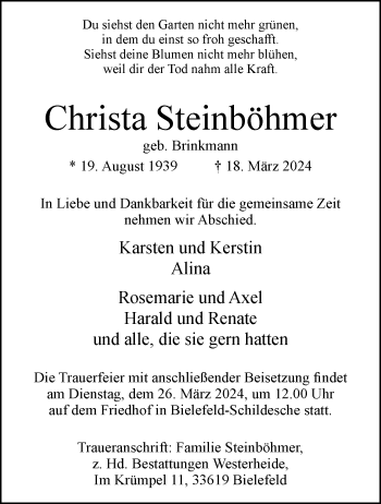 Traueranzeige von Christa Steinböhmer von Westfalen Blatt
