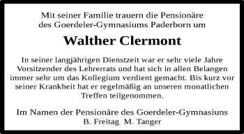 Traueranzeige von Walther Clermont von Westfalen Blatt