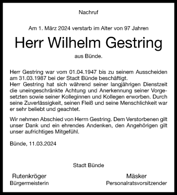 Traueranzeige von Wilhelm Gestring von Westfalen Blatt
