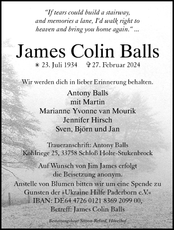 Traueranzeige von James Colin Balls von Westfalen Blatt