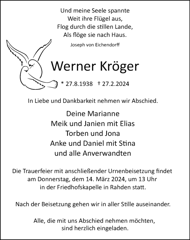  Traueranzeige für Werner Kröger vom 09.03.2024 aus Westfalen Blatt