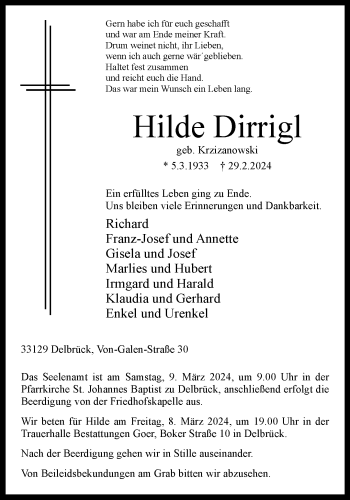 Traueranzeige von Hilde Dirrigl von Westfalen Blatt