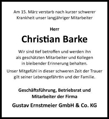 Traueranzeige von Christian Barke von Westfalen Blatt