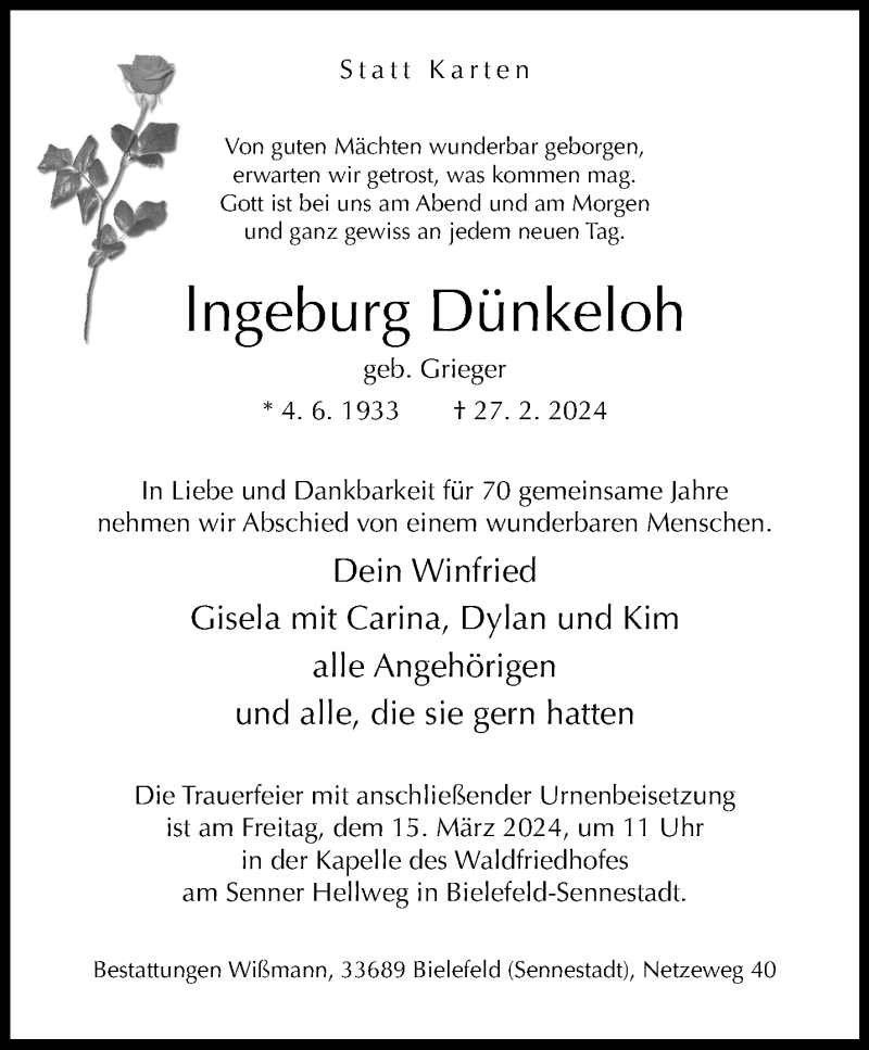  Traueranzeige für Ingeburg Dünkeloh vom 09.03.2024 aus Westfalen Blatt