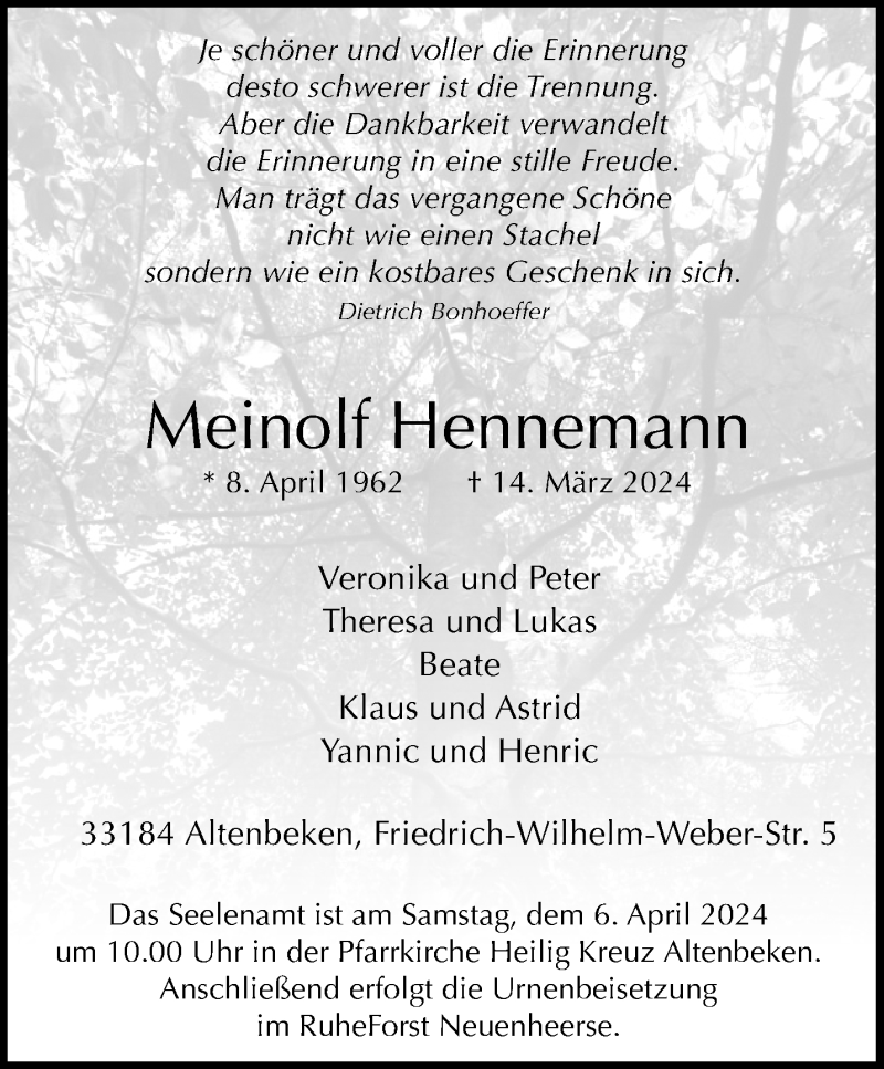  Traueranzeige für Meinolf Hennemann vom 23.03.2024 aus Westfalen Blatt