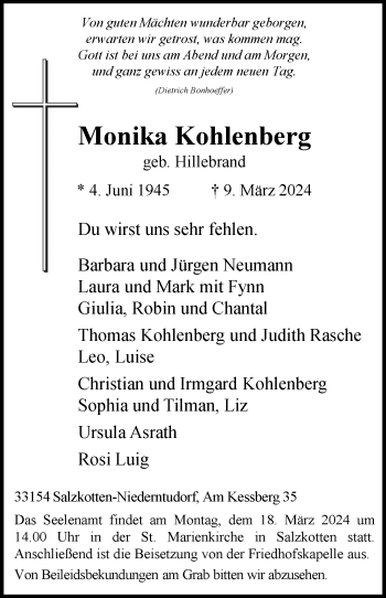 Traueranzeige von Monika Kohlenberg von Westfalen Blatt