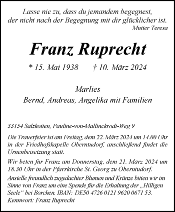 Traueranzeige von Franz Ruprecht von Westfalen Blatt