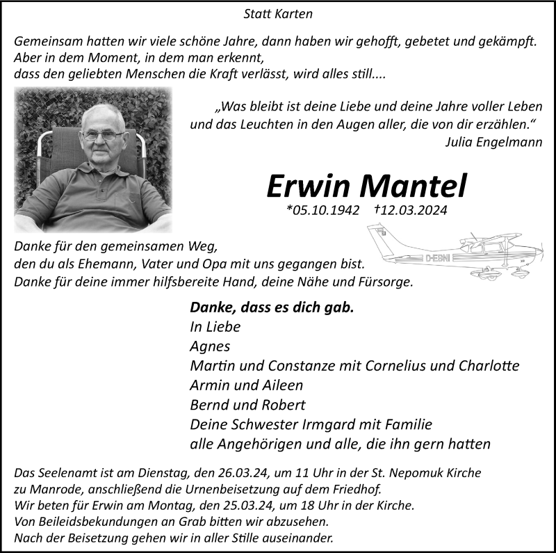  Traueranzeige für Erwin Mantel vom 16.03.2024 aus Westfalen Blatt