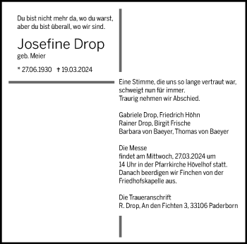 Traueranzeige von Josefine Drop von Westfalen Blatt