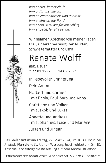 Traueranzeige von Renate Wolff von Westfalen Blatt
