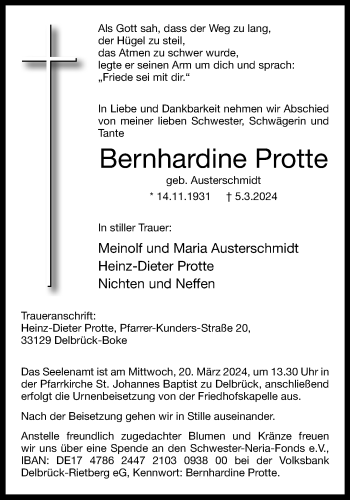 Traueranzeige von Bernhardine Protte von Westfalen Blatt