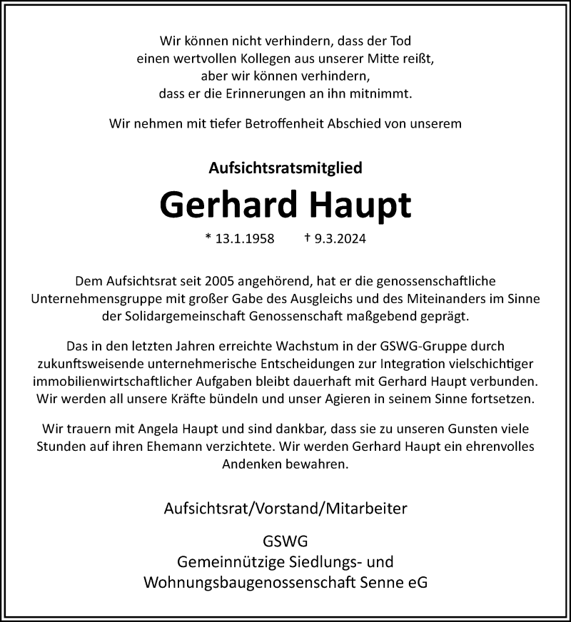  Traueranzeige für Gerhard Haupt vom 13.03.2024 aus Westfalen Blatt