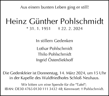 Traueranzeige von Heinz Günther Pohlschmidt von Westfalen Blatt