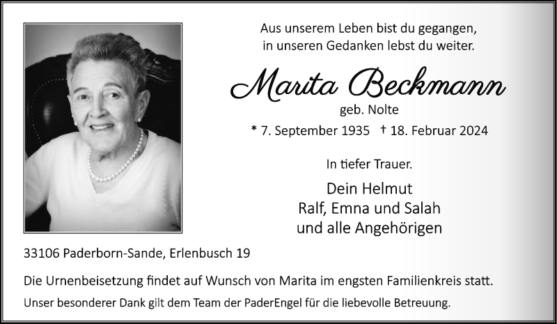  Traueranzeige für Marita Beckmann vom 24.02.2024 aus Westfalen Blatt