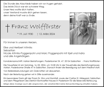Traueranzeige von Franz Wolfförster von Westfalen Blatt