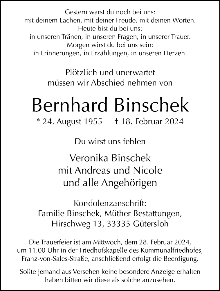  Traueranzeige für Bernhard Binschek vom 24.02.2024 aus Westfalen Blatt