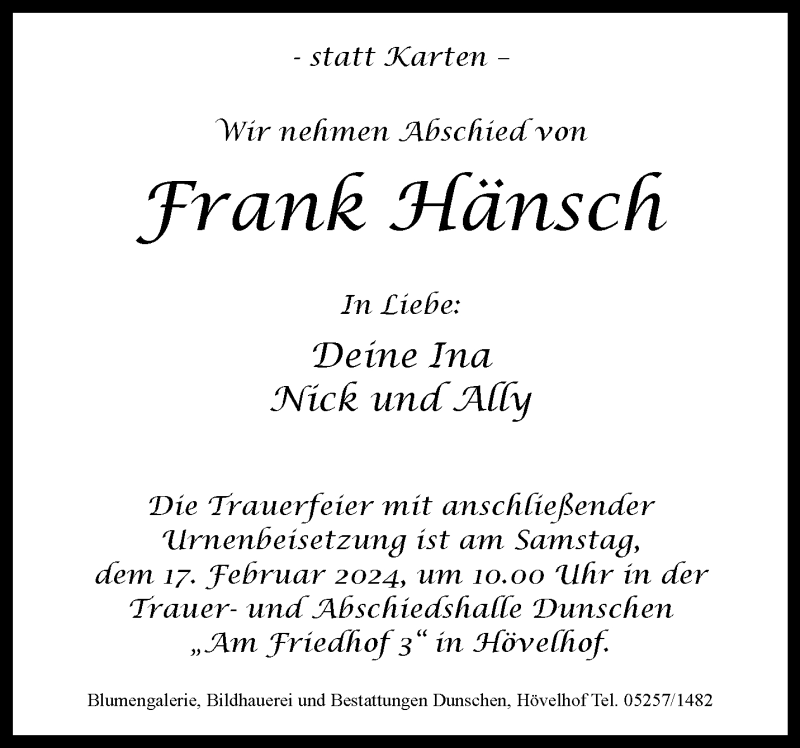  Traueranzeige für Frank Hänsch vom 10.02.2024 aus Westfalen Blatt