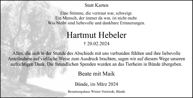  Traueranzeige für Hartmut Hebeler vom 16.03.2024 aus Westfalen Blatt