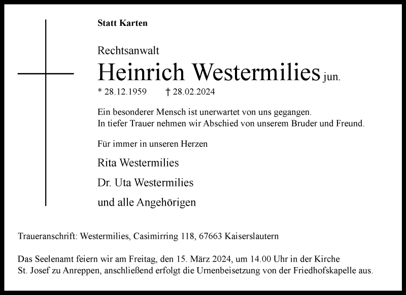 Traueranzeige für Heinrich Westermilies jun. vom 09.03.2024 aus Westfalen Blatt