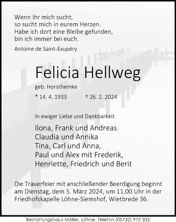 Traueranzeige von Felicia Hellweg von Westfalen Blatt