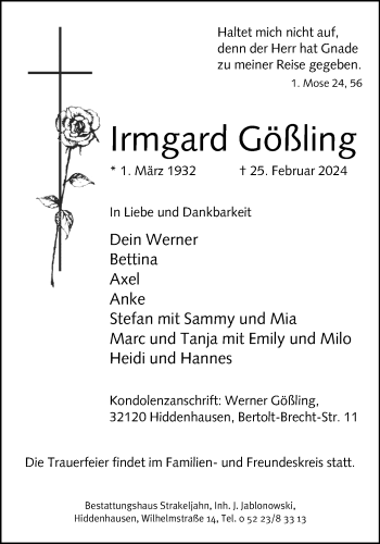 Traueranzeige von Irmgard Gößling von Westfalen Blatt