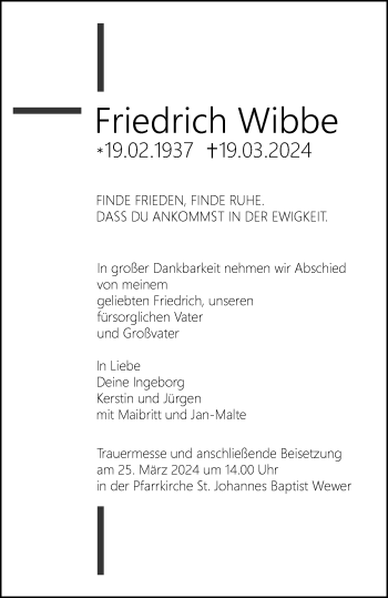Traueranzeige von Friedrich Wibbe von Westfalen Blatt