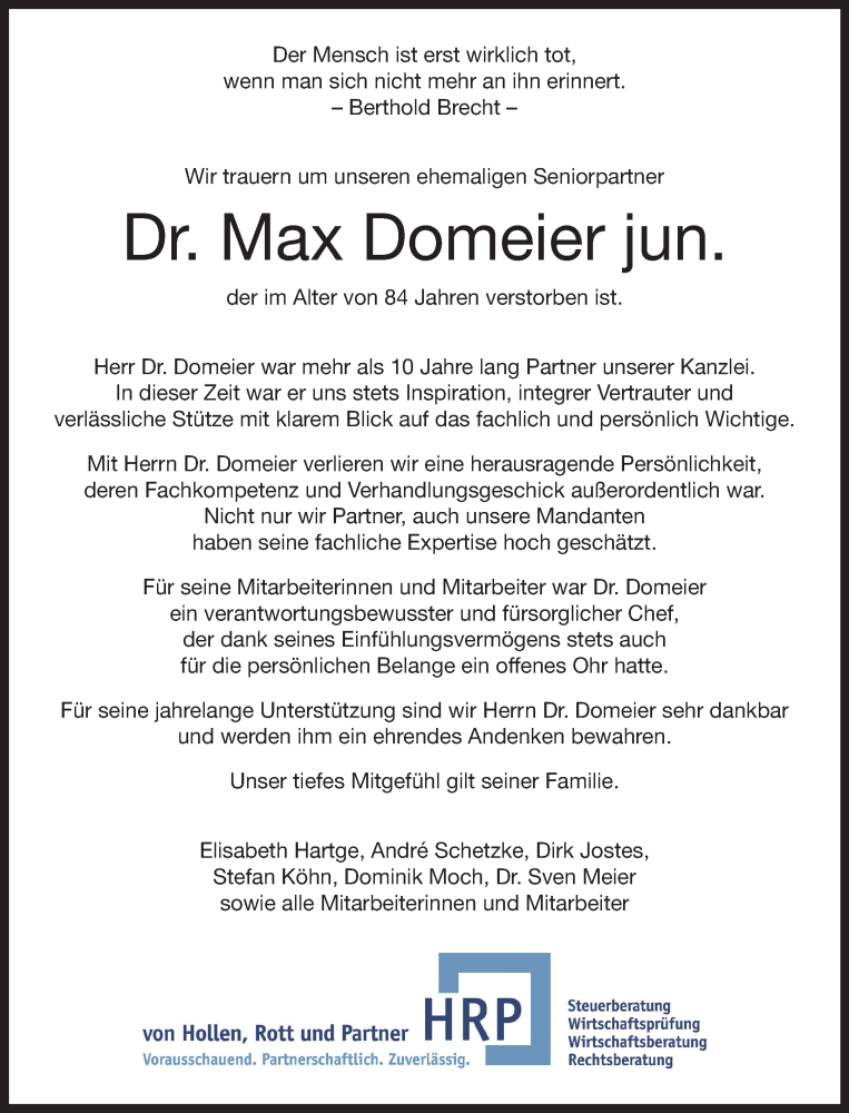  Traueranzeige für Dr. Max Domeier vom 09.03.2024 aus Westfalen Blatt