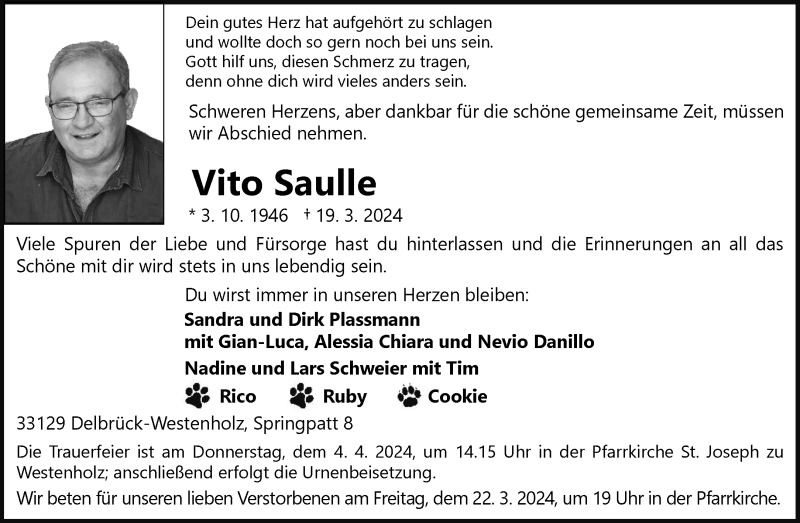  Traueranzeige für Vito Saulle vom 21.03.2024 aus Westfalen Blatt