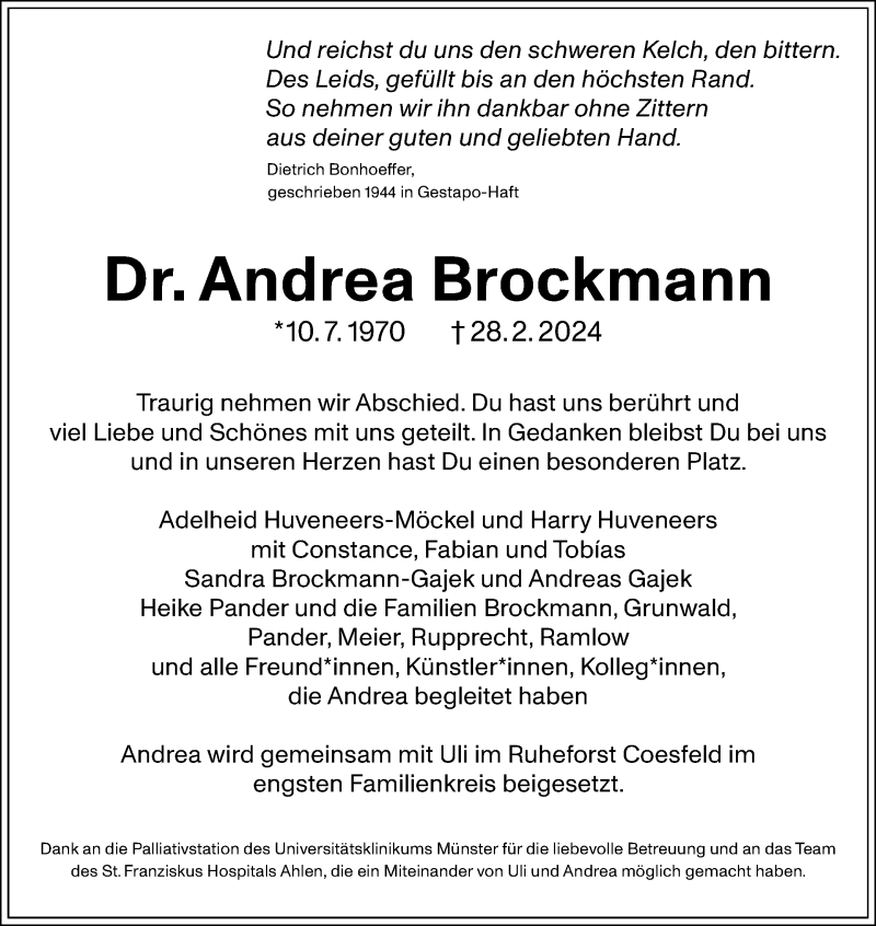  Traueranzeige für Dr. Andrea Brockmann vom 02.03.2024 aus Westfalen Blatt