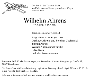 Traueranzeige von Wilhelm Ahrens von Westfalen Blatt