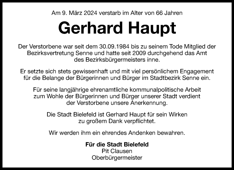 Traueranzeige für Gerhard Haupt vom 13.03.2024 aus Westfalen Blatt