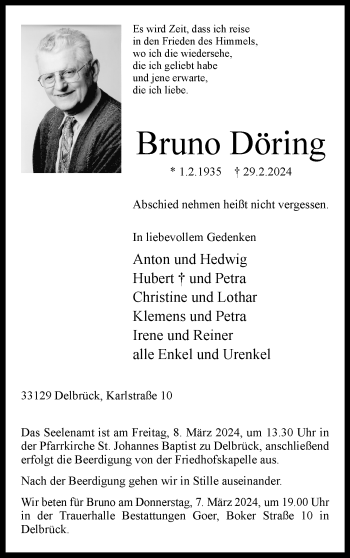 Traueranzeige von Bruno Döring von Westfalen Blatt