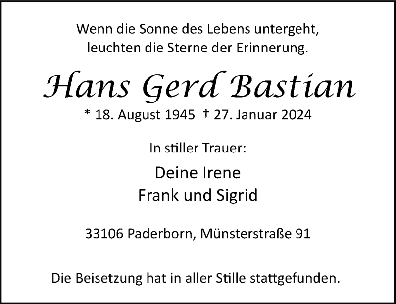  Traueranzeige für Hans Gerd Bastian vom 10.02.2024 aus Westfalen Blatt