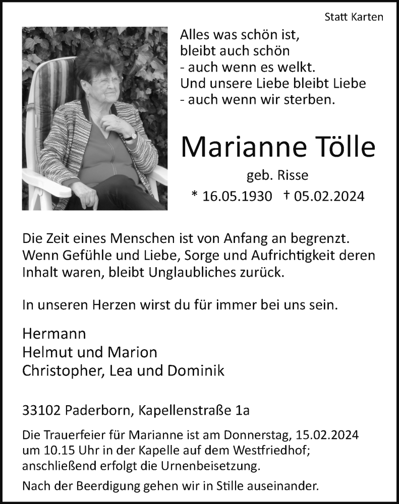  Traueranzeige für Marianne Tölle vom 10.02.2024 aus Westfalen Blatt