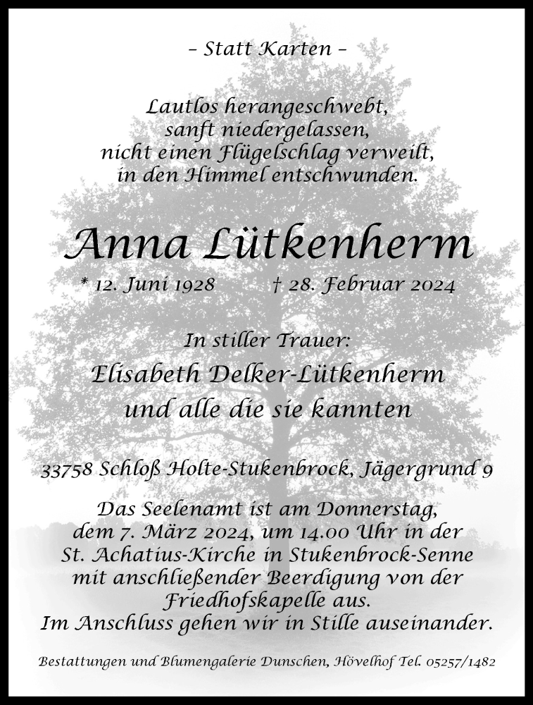  Traueranzeige für Anna Lütkenherm vom 02.03.2024 aus Westfalen Blatt